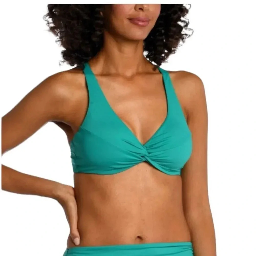 La Blanca Swimming Top Underwire Twist Front Emerald Green Island Goddess 4 NWT